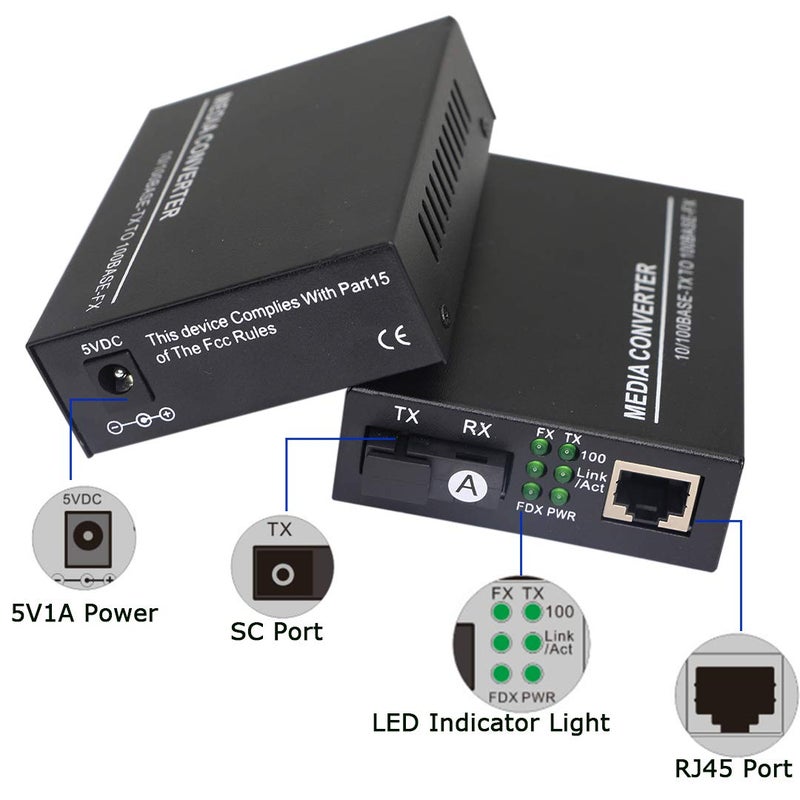 XMSJSIY Fiber Ethernet Media Converter, Single-Mode 10/100Base-TX to 100Base-FX, RJ45 to SC, Fiber Transceiver Up to 25KM (1 Pair) - Image 2